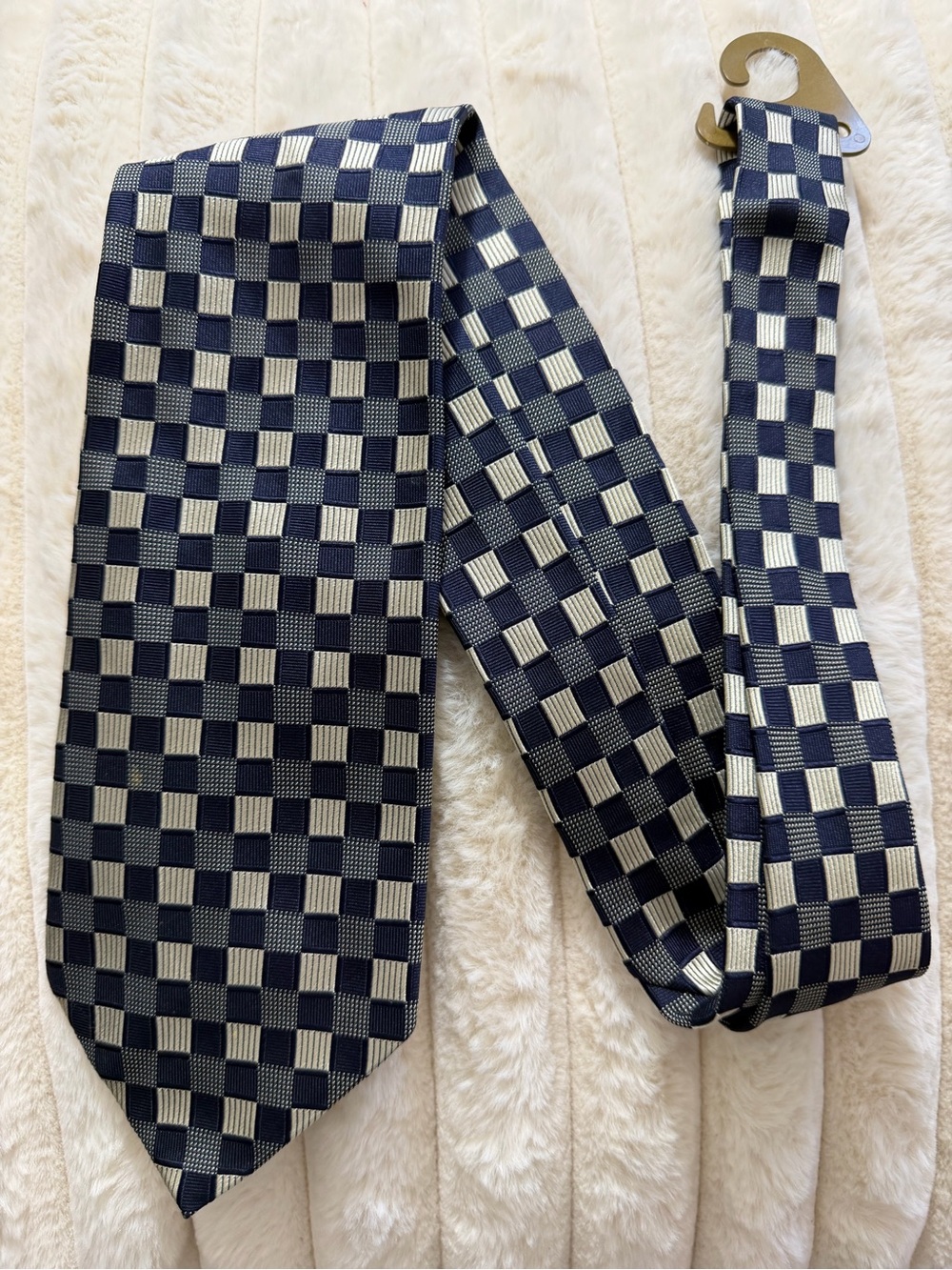 Luciano Barbera Navy and Cream Checkerboard Silk Tie